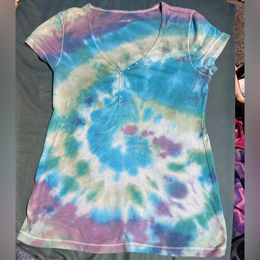 Women’s large Old Navy, shirt, tie-dyed, blue, purple, and green